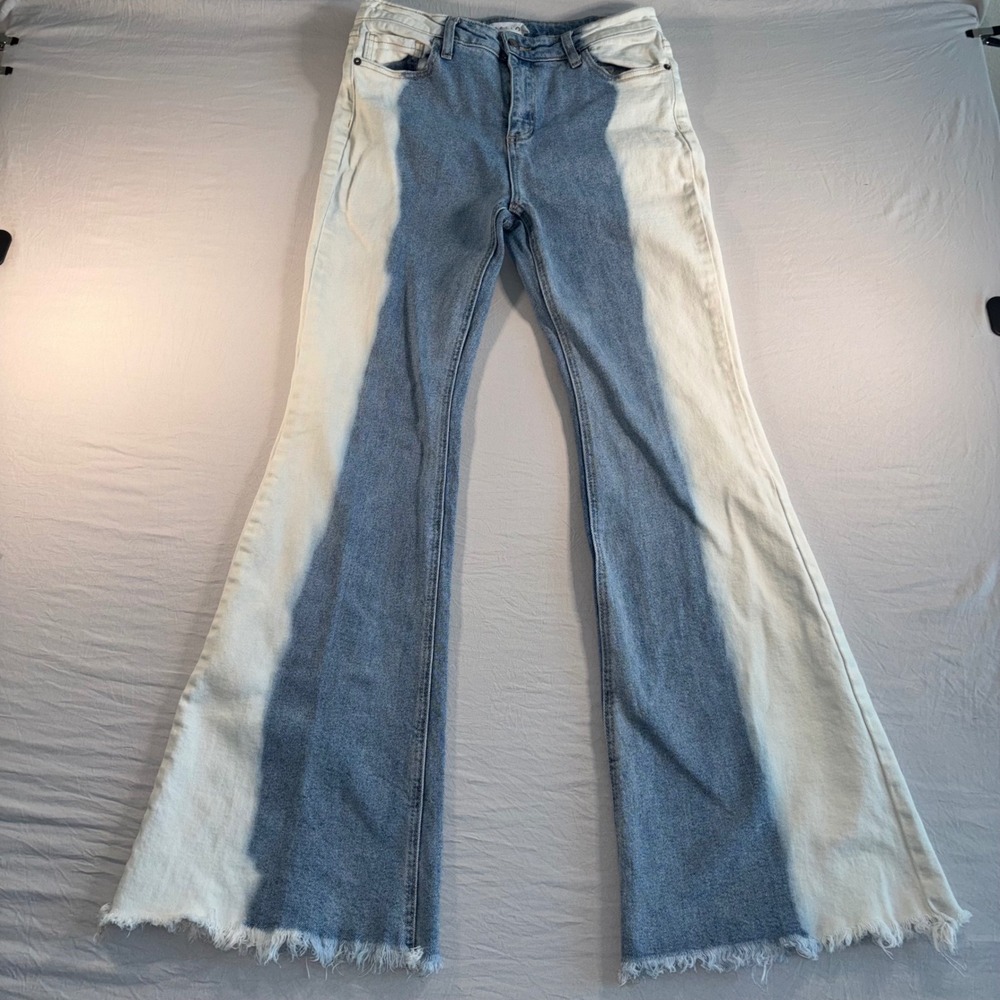 Cello Womens Two Tone Bleached Flare Jeans Blue Cream Frayed Hem Size 11